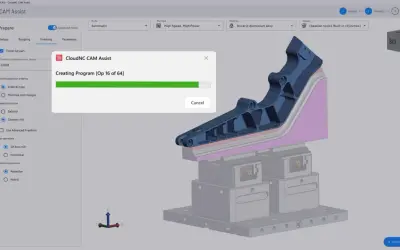 Tworzenie programów CNC dla części aluminiowej. Postęp generowania programu: 16 z 64.