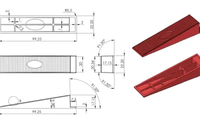 Rysunek techniczny jak czytać: schemat klinu z wymiarami i widokami 3D.