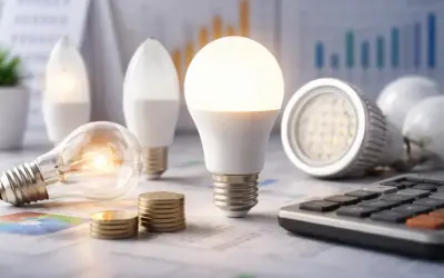 Żarówki LED i tradycyjne, monety i kalkulator na tle wykresów. Ile watów ma żarówka 10w led?