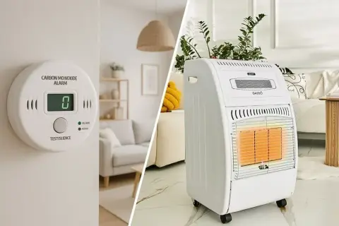 Detektor czadu i biały piecyk gazowy na kółkach w nowoczesnym wnętrzu.