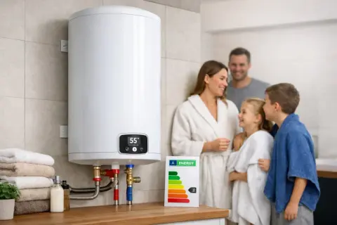 Bojler z panelem cyfrowym i etykietą energetyczną, obok uśmiechniętej rodziny w szlafrokach.