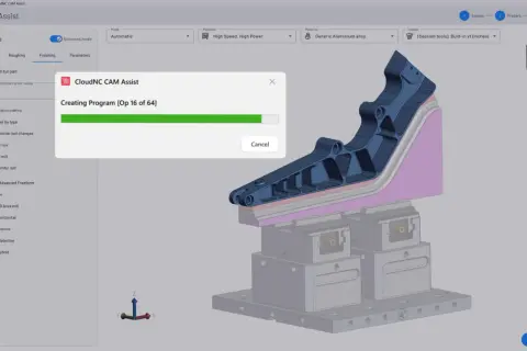 Tworzenie programów CNC dla części aluminiowej. Postęp generowania programu: 16 z 64.