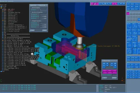 Symulacja obróbki w programie **CAD CAM**, pokazująca proces frezowania dużej kieszeni.