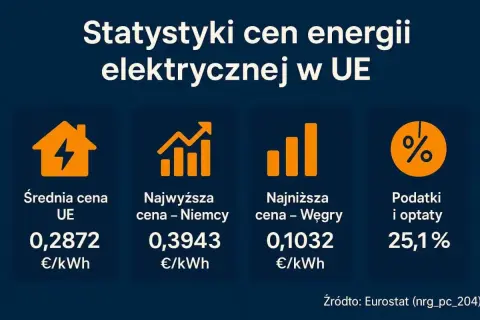 Statystyki cen energii elektrycznej w UE: średnia cena, najwyższa w Niemczech, najniższa na Węgrzech, podatki i opłaty.