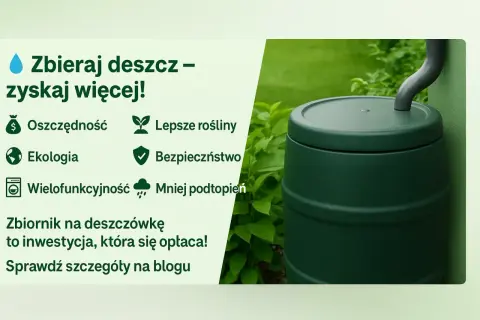 Zielony zbiornik na deszczówkę z rynną, otoczony zielenią.