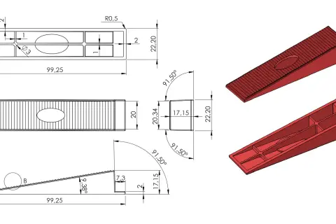 Rysunek techniczny jak czytać: schemat klinu z wymiarami i widokami 3D.