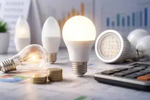 Żarówki LED i tradycyjne, monety i kalkulator na tle wykresów. Ile watów ma żarówka 10w led?
