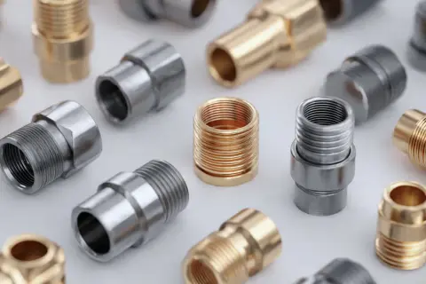 Różnorodne metalowe złączki hydrauliczne PEX, skręcane i zaciskane, w kolorze złotym i srebrnym.