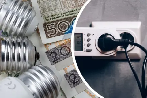 Żarówki, polskie banknoty i licznik energii elektrycznej.