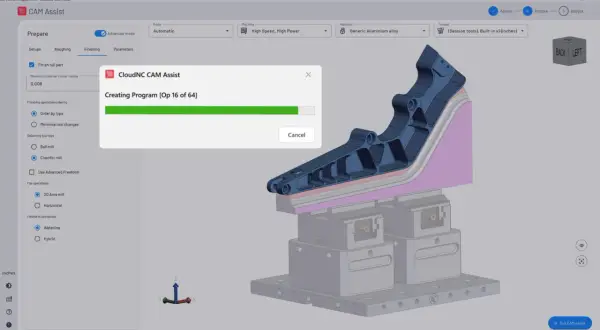 Tworzenie programów CNC dla części aluminiowej. Postęp generowania programu: 16 z 64.