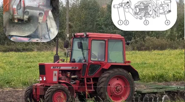 Czerwony traktor MTZ 82 w polu. Na górze zdjęcie silnika i schemat układu hydraulicznego, gdzie znajduje się filtr hydrauliki.
