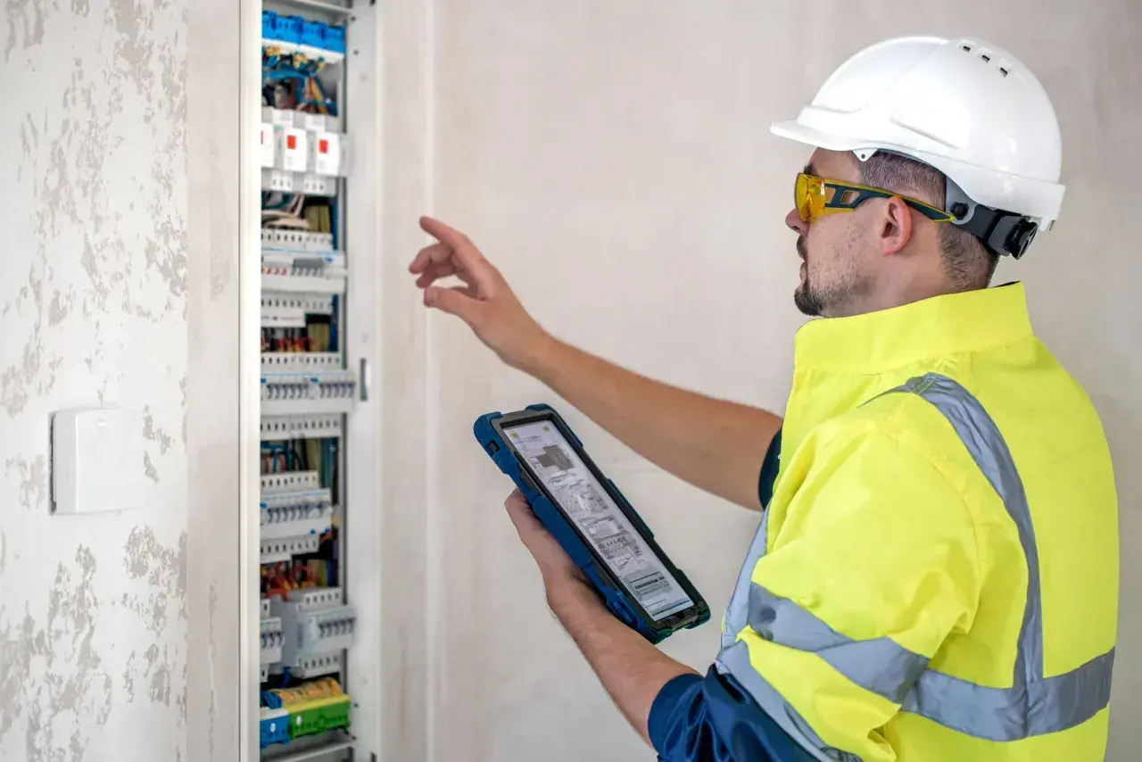 Elektryk w kamizelce odblaskowej sprawdza instalację w skrzynce z bezpiecznikami, analizując dane na tablecie. Szukasz informacji o wymiana skrzynki z bezpiecznikami cena?