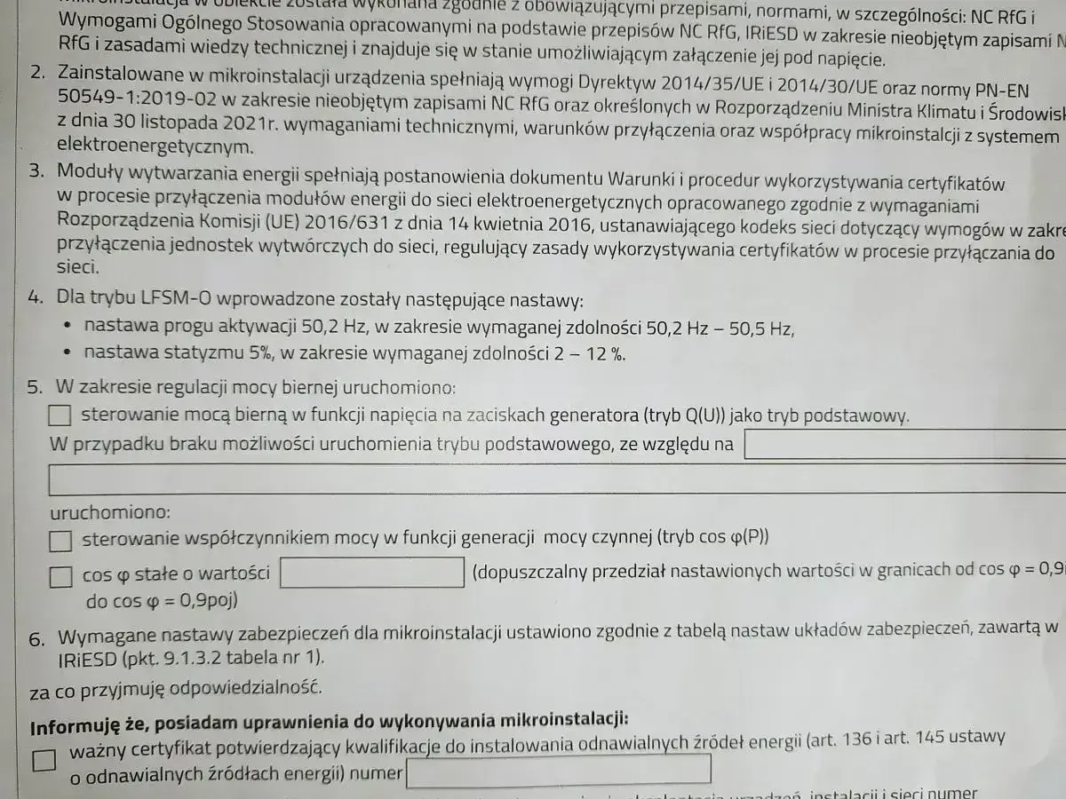 Dokumentacja techniczna mikroinstalacji, w tym nastawy zabezpieczeń i regulacji mocy, niezbędna do złożenia wniosku o zwiększenie mocy przyłączeniowej Tauron.