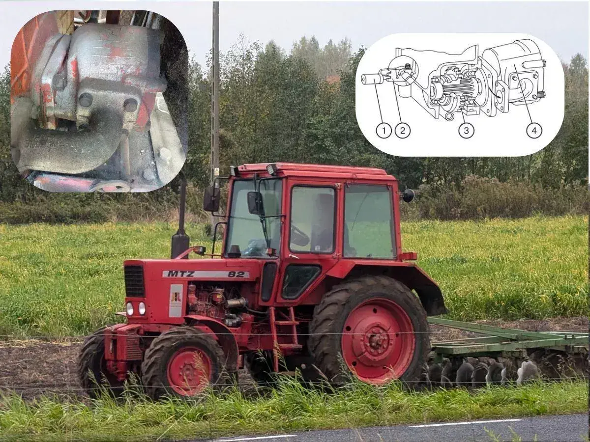 Czerwony traktor MTZ 82 w polu. Na górze zdjęcie silnika i schemat układu hydraulicznego, gdzie znajduje się filtr hydrauliki.