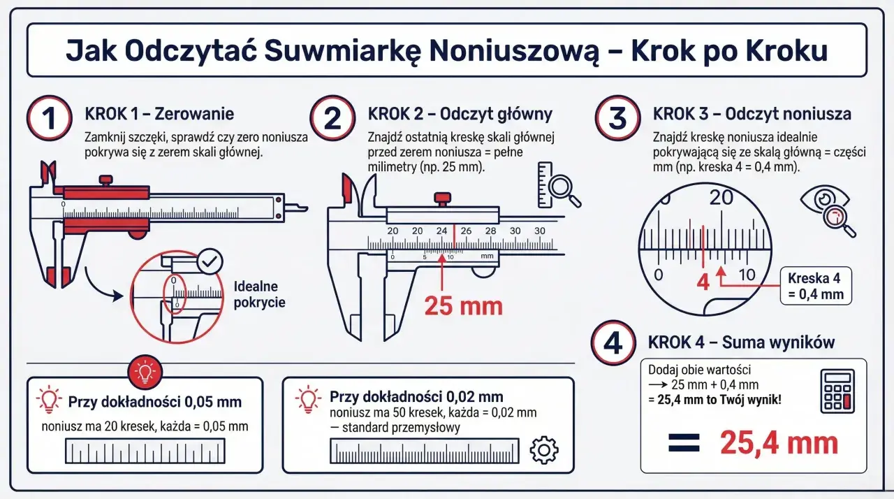 Instrukcja odczytu suwmiarki noniuszowej, pokazująca jak zmierzyć średnicę. Krok po kroku: zerowanie, odczyt główny (np. 25 mm), odczyt noniusza (np. 0,4 mm) i suma wyników.