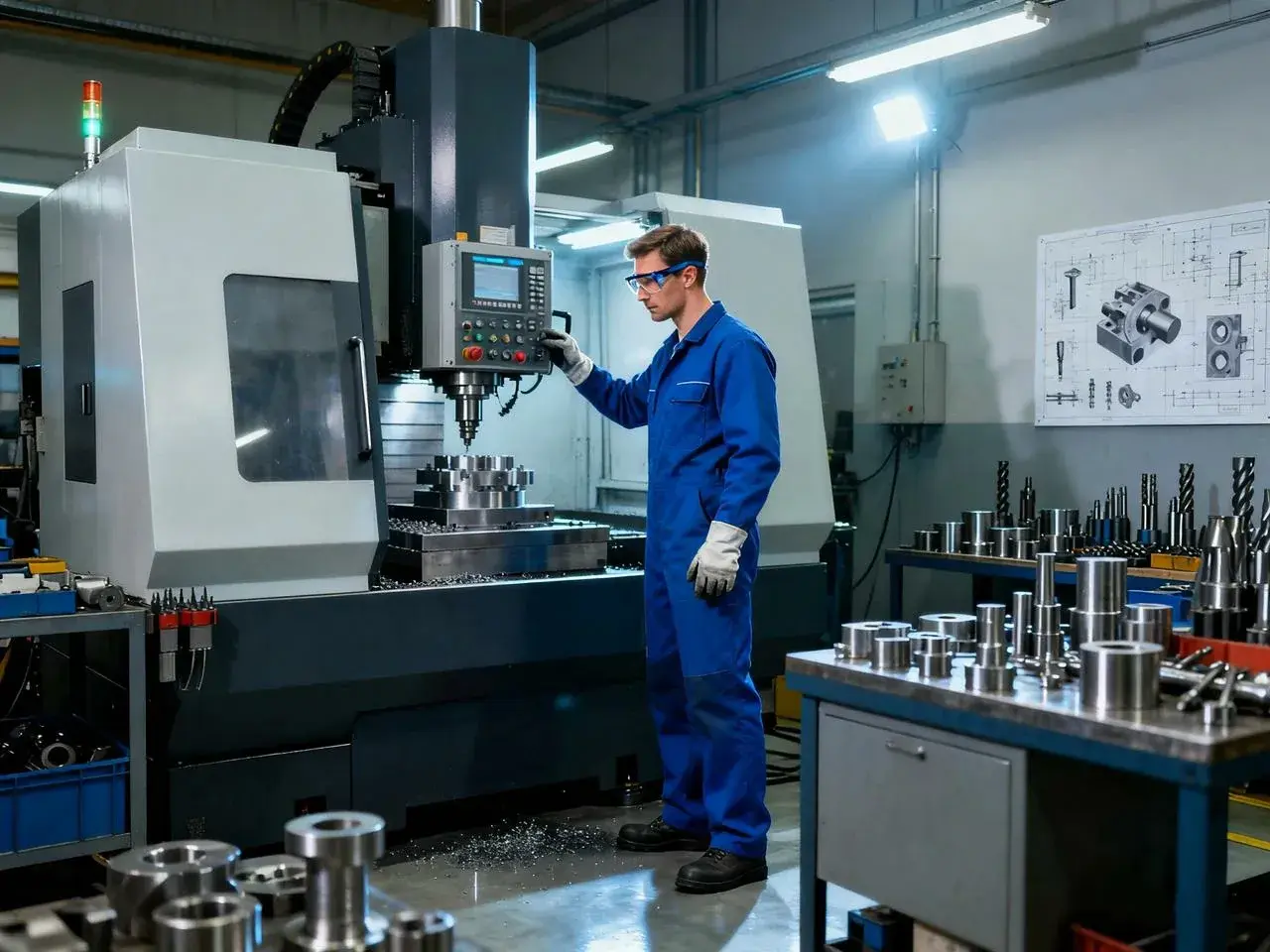 Operator w niebieskim kombinezonie obsługuje maszynę CNC, precyzyjnie tworząc detale. g01.
