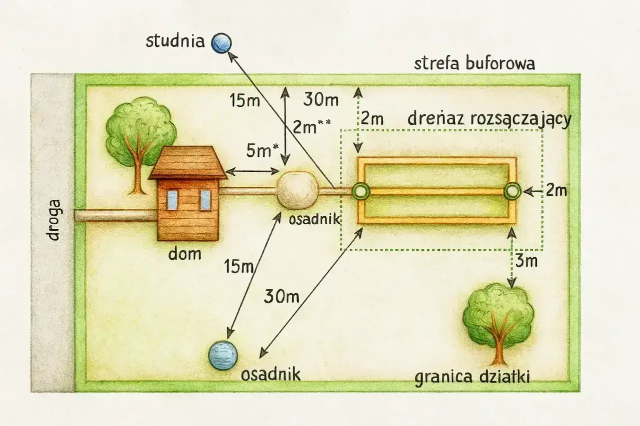 Schemat działki z domem, osadnikiem, studnią i drenażem rozsączającym, z wymiarami.