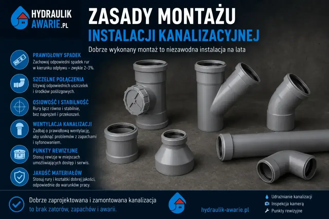 Szare rury kanalizacyjne i kształtki, w tym czyszczak, prezentują zasady montażu instalacji.