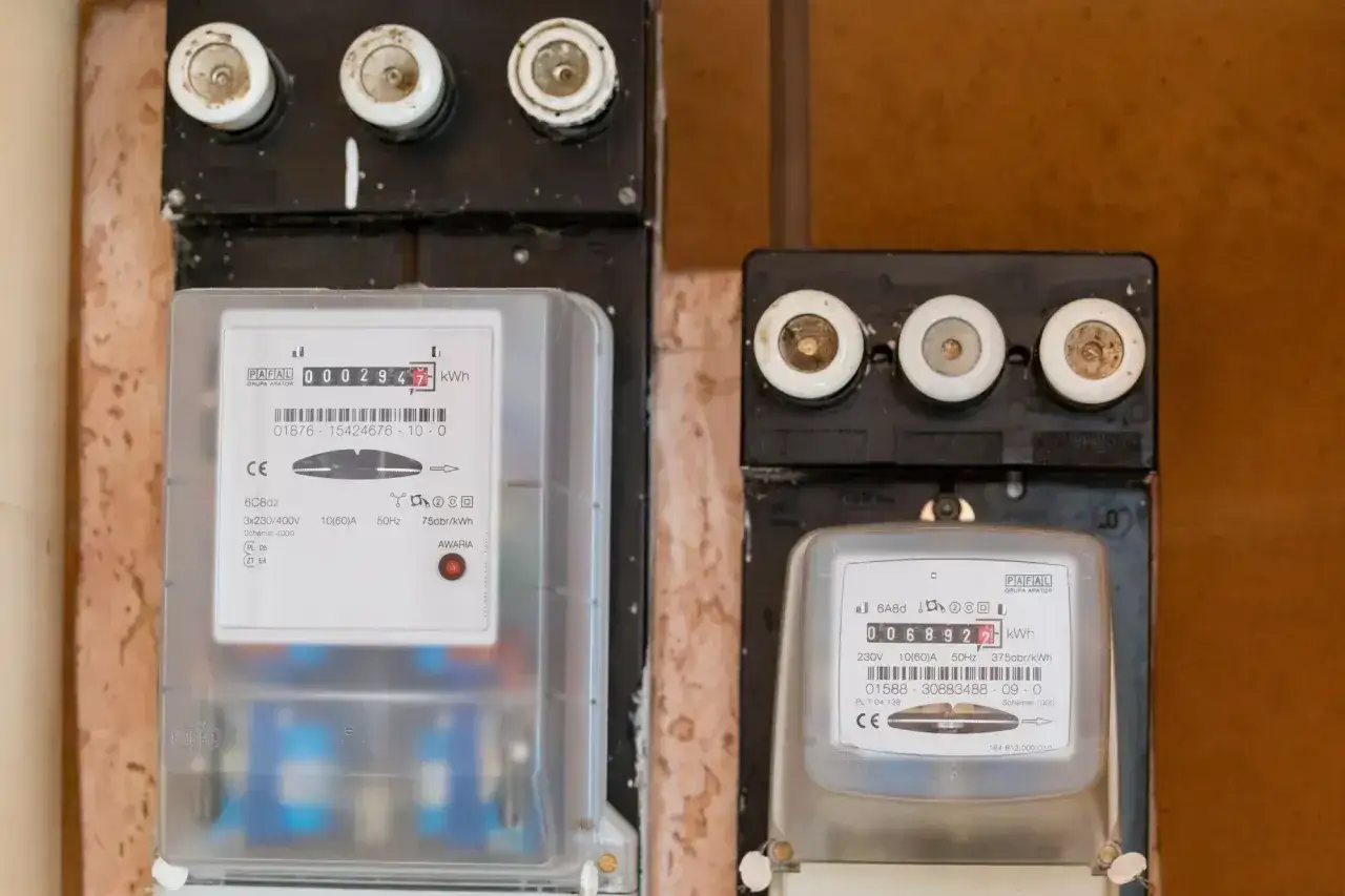 Dwa liczniki energii elektrycznej, jeden z nich pokazuje zużycie prądu, idealne do monitorowania taryfy weekendowej PGE.