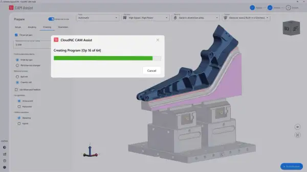Tworzenie programów CNC dla części aluminiowej. Postęp generowania programu: 16 z 64.