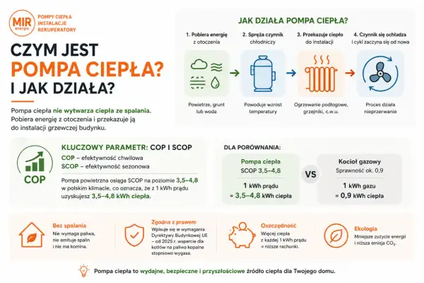 Ilustracja przedstawia schemat działania pompy ciepła, porównanie z kotłem gazowym i kluczowe parametry.