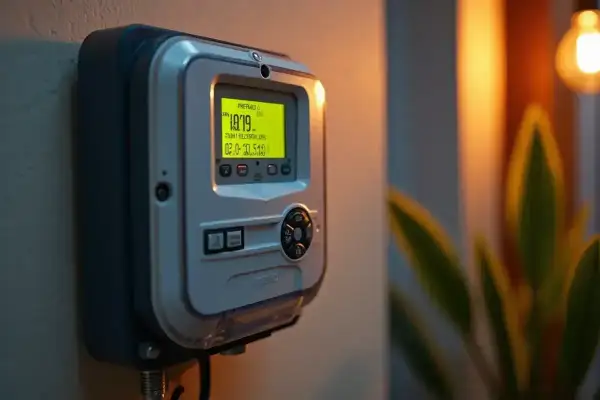 Cyfrowy licznik energii elektrycznej z wyświetlaczem pokazującym stan "PREPAID 0 80%" i kwotę "10.79". Sprawdź prąd na kartę cennik.