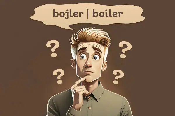 Zamyślony mężczyzna otoczony znakami zapytania, zastanawia się nad różnicą między "bojler" a "boiler".