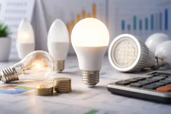 Żarówki LED i tradycyjne, monety i kalkulator na tle wykresów. Ile watów ma żarówka 10w led?