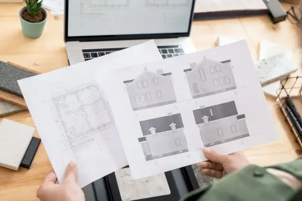 Rysunki architektoniczne i plany domu to kluczowe elementy, co jest potrzebne do pozwolenia na budowę. Na stole leżą też próbki materiałów.